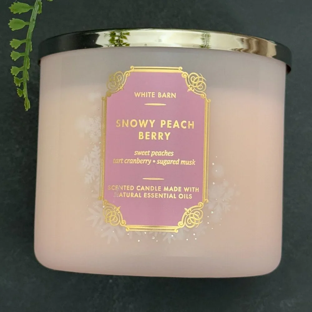 BBW Snowy Peach Berry White Barn Bath & Body Works 3 Wick Candle - Picture 5 of 10